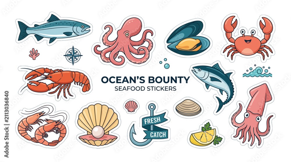 Obraz premium seafood stickers, ocean bounty, fish, crab, lobster, octopus
