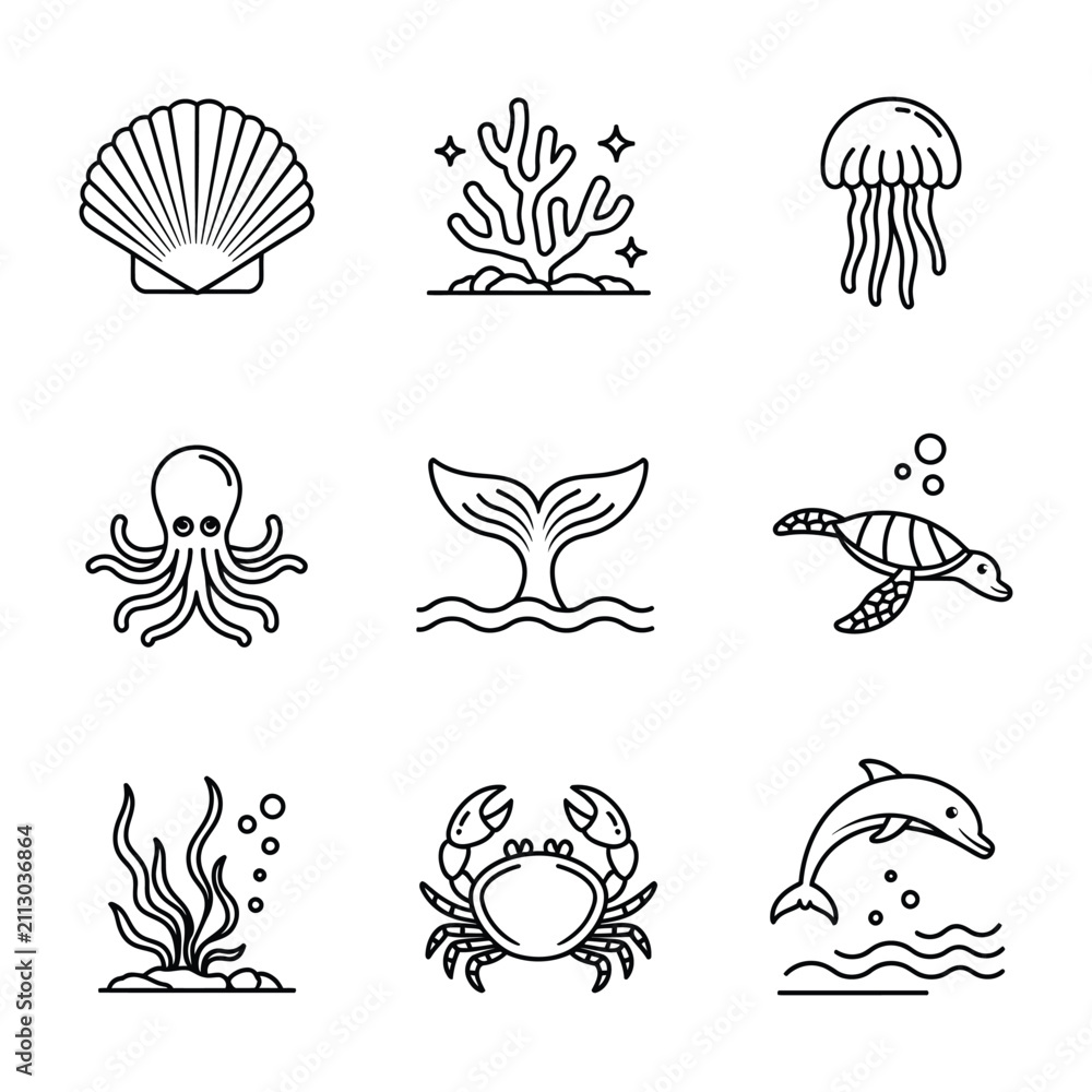 Fototapeta premium Set of cute sea animal icons in simple line art style