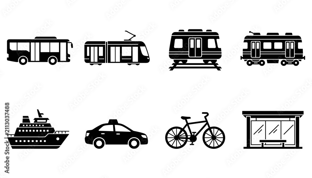 Fototapeta premium Transportation Vehicles Including Bus, Tram, Train, Ferry, Taxi, Bicycle, and Building Featuring Transport