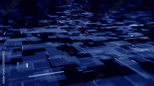 Abstract digital technology background featuring layered data grids and geometric blocks. Ideal for AI computing, big data, cloud infrastructure, cybersecurity, digital transformation, and future netw