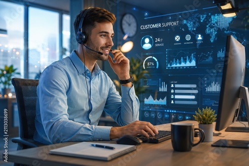Smiling customer support agent working in a modern office with futuristic digital interface overlays, combining realistic workspace with digital art technology.