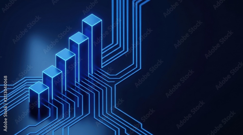 Fototapeta premium Digital Growth Chart: A luminous blue bar chart ascends alongside intricate circuit board pathways, symbolizing technological advancement and data analysis in a modern digital landscape.