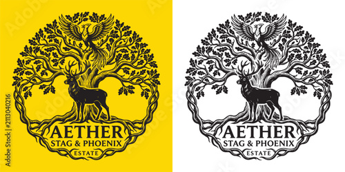 Принти на полотні Aether Stag and Phoenix Circular Crest Vintage Engraved Logo