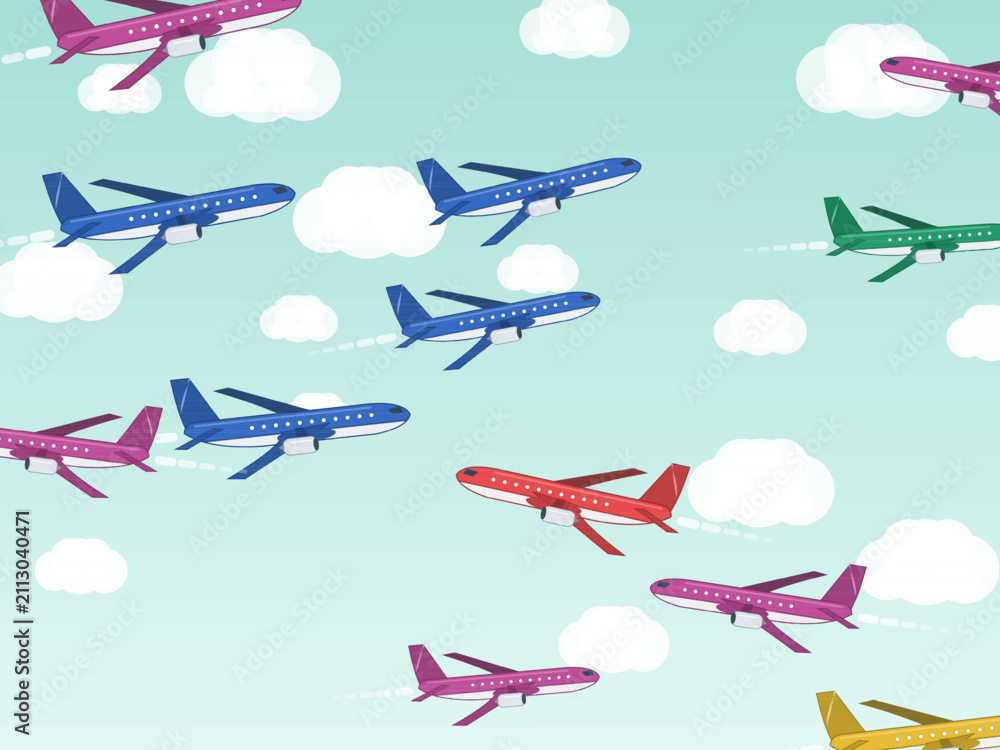 Naklejka premium Cartoon Passenger Jets Cloud Pattern Aviation Design