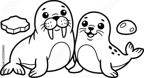 Foto Cute cartoon walrus and seal sitting together, black and white outline vector rendering for coloring book page
