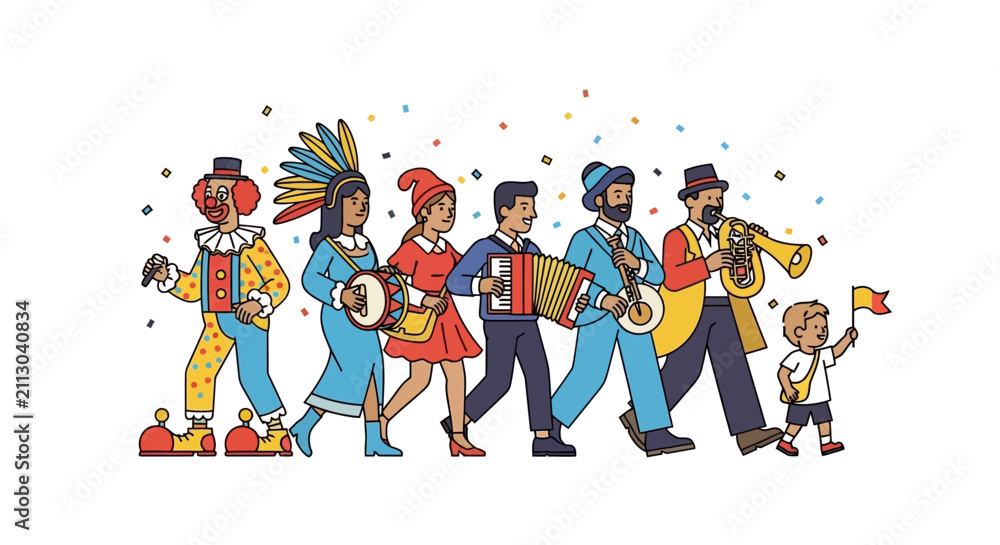 Fototapeta premium Festive Parade Characters Playing Musical Instruments Illustration