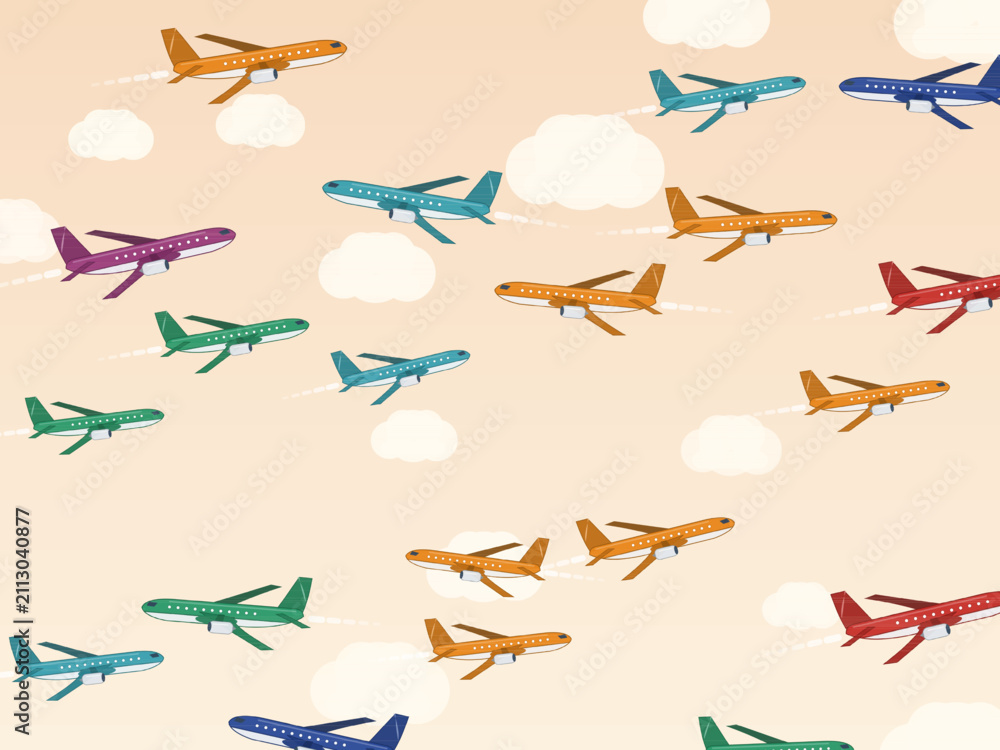 Obraz premium Flying Planes Contrail Pattern Airline Design Backdrop