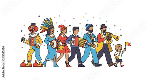 Bild auf Leinwand Festive Parade Characters Playing Musical Instruments Illustration