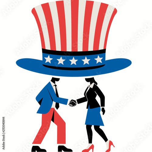 Fotografie Flat vector illustration of a patriotic American Uncle Sam top hat with stars and stripes positioned above a formal handshake between two business professionals, isolated on white