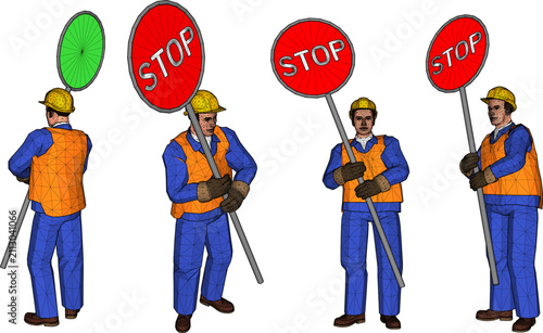 фотографія Technical rendering of a flagman lollipop man traffic warden directing transit w