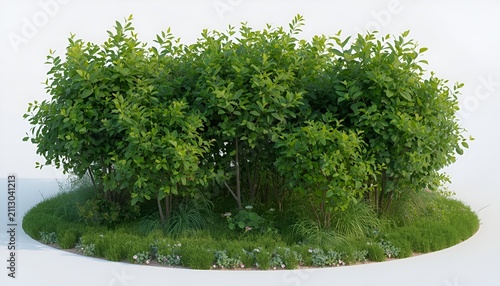 Multiple Green Leaf Bushes on Grassy Ground with Small Wildflowers, Lush Shrub Collection, 3D Render Isolated Nature Landscaping Elements