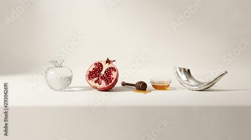 Rosh Hashanah Symbols with Pomegranate Honey Shofar and Crystal Apple