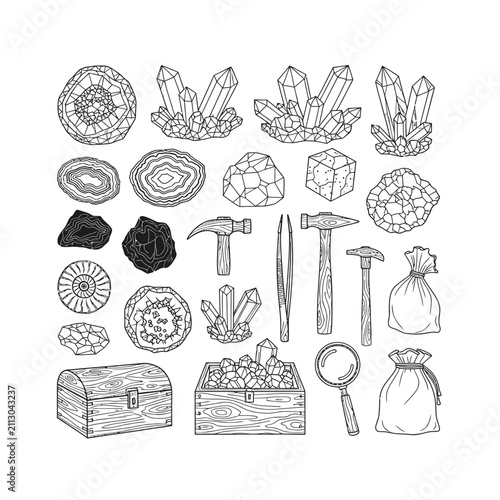 Obraz na płótnie Illustrated Collection of Mining and Geology Tools and Gems.