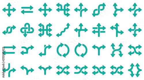 Large set of teal directional and navigation arrow icons on white background, featuring intersection, rotation, split, merge, and wayfinding symbols for UI and map design.