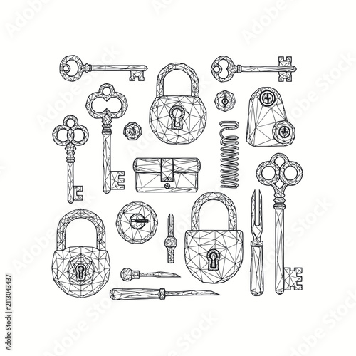 Vintage Keys Locks and Tools Black and White Illustration.