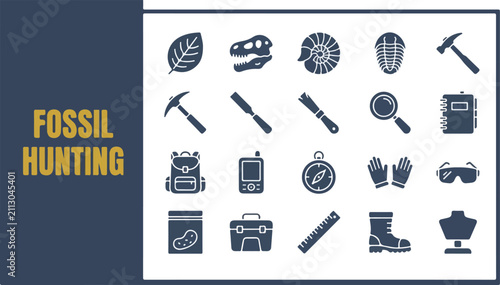 Quadro su tela Fossil hunting and paleontology equipment icon collection
