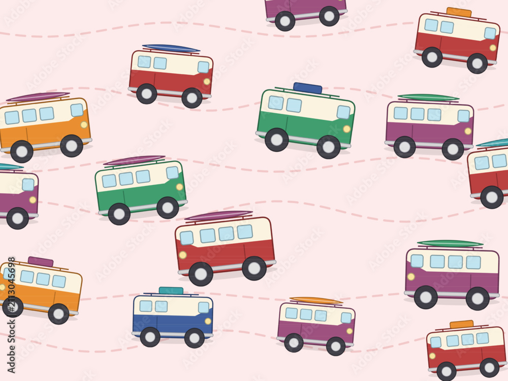Naklejka premium Road Trip Camper Bus Pattern Camping Design Backdrop