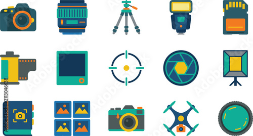 Foto Photography vector icons pack featuring camera tripod photo equipment lens flash