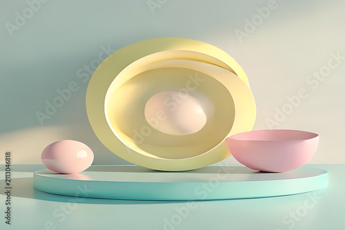 Pastel geometric shapes on light blue and mint pedestals