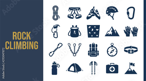 Rock climbing equipment and mountaineering gear icon set
