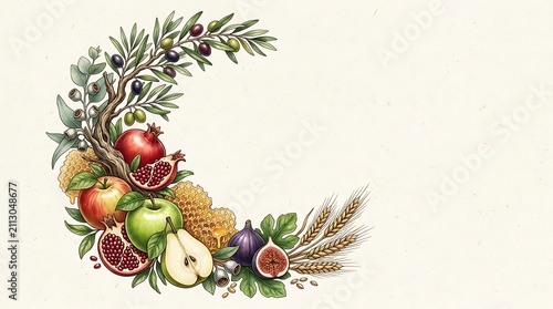 Rosh Hashanah Traditional Symbols Harvest Botanical Illustration Wreath