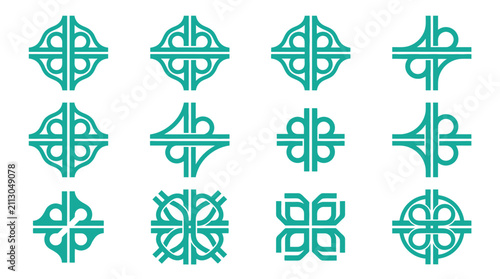 Fotografía Set of 12 teal geometric map icons representing highway interchanges, complex road junctions, and navigation routes on a white background, designed for urban planning and cartography