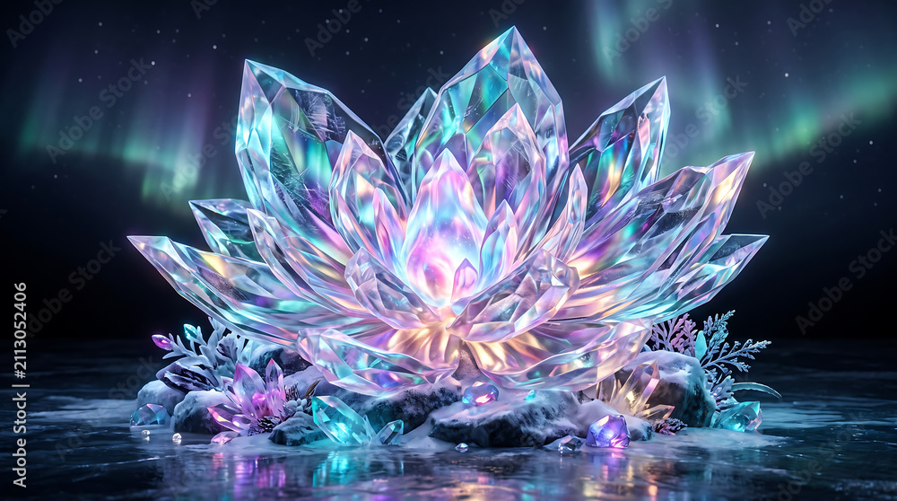 Obraz premium Radiant Crystal Lotus Flower Amidst Magical Aurora Borealis Night Sky Background Design