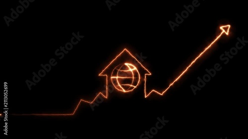 Home icon house sign neon lights animation with up arrow earth global icon. Neon House, home building animation. Neon home business graph icon animation. Globe Cool linear animated 4k video animation.