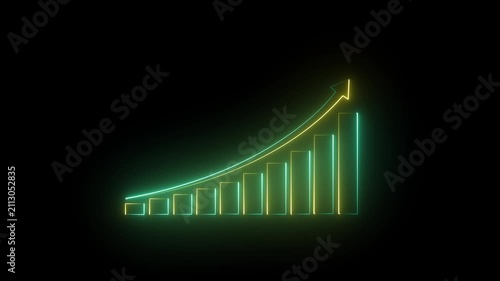  Neon glowing purple growth bar chart animation with rising arrow for business successfull and financial analysis 4k video animation.