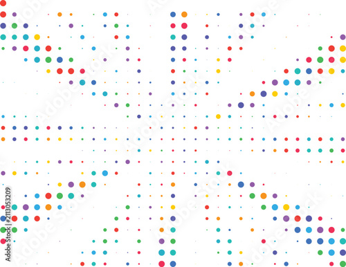 Colorful scattered dots of various sizes forming a radial pattern on a white background