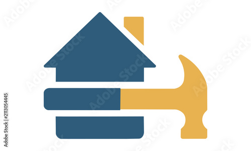 Minimalist house silhouette integrated with a carpenter hammer symbol on a white background. Home construction concept