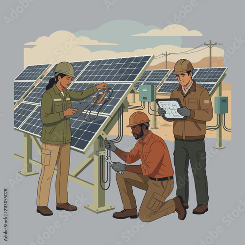 Принти на полотні Solar technicians inspect photovoltaic panels at a renewable energy facility to ensure optimal power generation efficiency