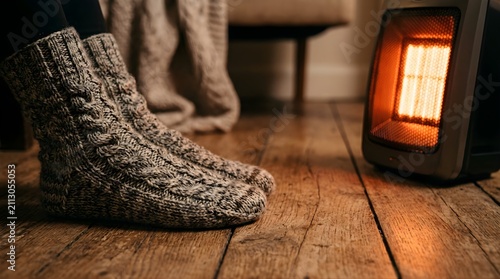 Person wearing warm wool socks relaxing by a heater on a wooden floor