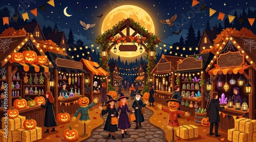 A whimsical night market scene featuring glowing jack o lanterns and festive decorations under a large bright full moon