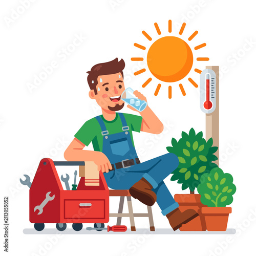 Heatwave Worker Quenches Thirst with Iced Drink, Sun and Thermometer Show High Temperature