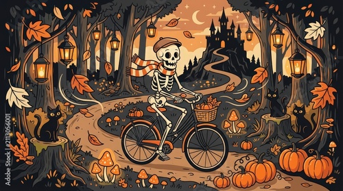 A whimsical skeleton riding a bicycle through a magical autumn forest filled with glowing jack o lanterns and spooky atmosphere