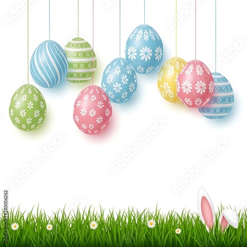 Hanging Pastel Easter Eggs On Spring Grass