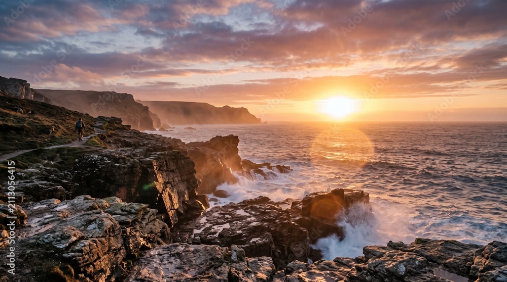 Obraz premium Dramatic Rocky Cliff Coastline with Hiker Overlooking Ocean Waves at Sunset