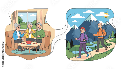 Senior lifestyle comparison showing indoor cozy social gatherings and outdoor mountain hiking for healthy active aging.