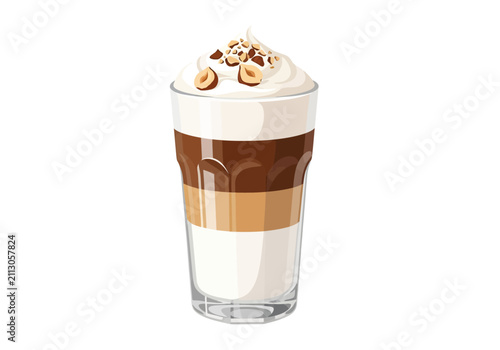 Layered coffee drink with whipped cream and nuts, isolated on white