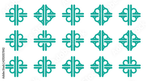 Teal highway interchange icon set on white background featuring various cloverleaf and road junction map symbols for navigation, urban planning, and infrastructure design layouts.