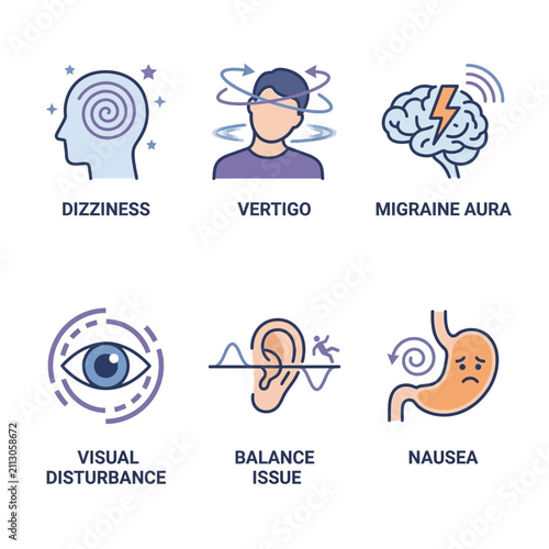 A dizziness and vertigo icon collection showcasing medical migraine symptoms
