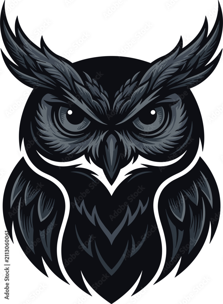 Fototapeta premium A fierce monochrome owl mascot vector logo design, featuring detailed feathers, sharp eyes, and bold black outlines.