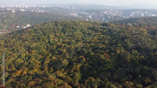 Panoramic view of Kosutnjak urban forest in early autumn, Belgrade, Serbia. Aerial drone video.