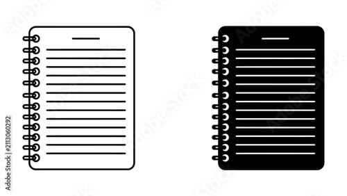 Fotografie Spiral Notebook Icon Set: A minimalist collection featuring two spiral-bound notebooks, one in black and white outline, the other in solid black, representing a blank page for notes and ideas