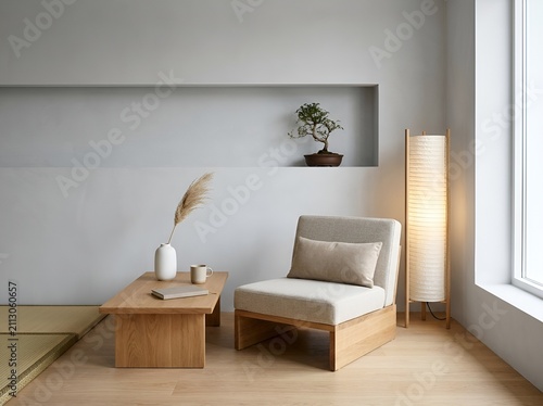 coffee table, glowing lamp and bonsai tree in modern minimalist interior