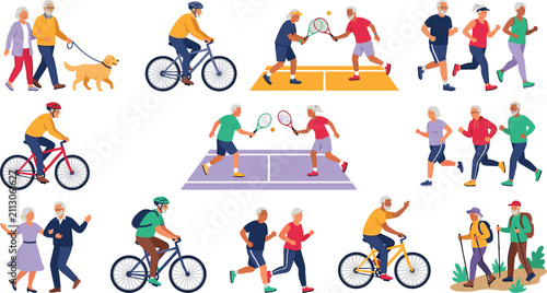 Active senior citizens exercising and playing sports on a white background. Cycling, jogging, playing tennis, walking dog, hiking vector characters illustration.