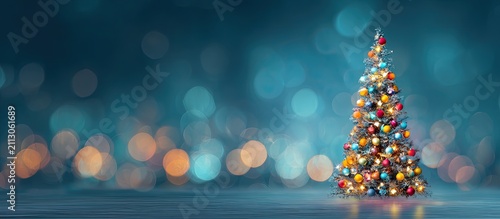 A decorated, glowing Christmas tree stands on a reflective surface against a bokeh background