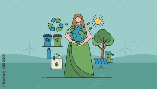 Eco friendly concept showing woman holding the earth planet surrounded by renewable energy and sustainable living icons.