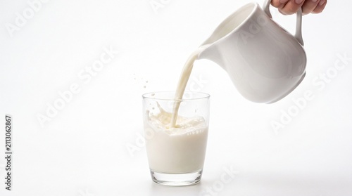 Fresh milk pouring from a pitcher into a glass